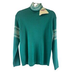 Snuggler Fair Isle Turtleneck Sweater Teal Green Wool Blend Knit Womens Large 14